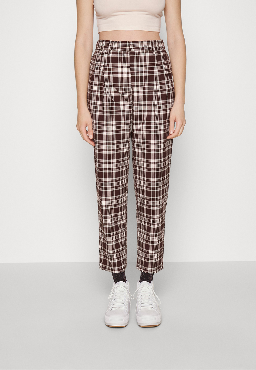 Monki Tyra Trousers Brązowe Damskie Spodnie w Kratę