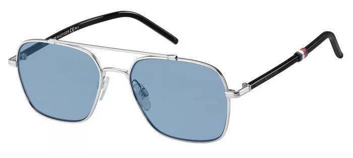 Tommy Hilfiger 010KU Srebrne Okulary Przeciwsłoneczne z Niebieskimi Szkłami Męskie Awiatorki WL