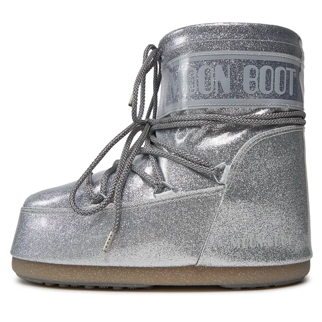 Moon Boot Srebrne Brokatowe Niskie Buty Zimowe Śniegowce Unisex