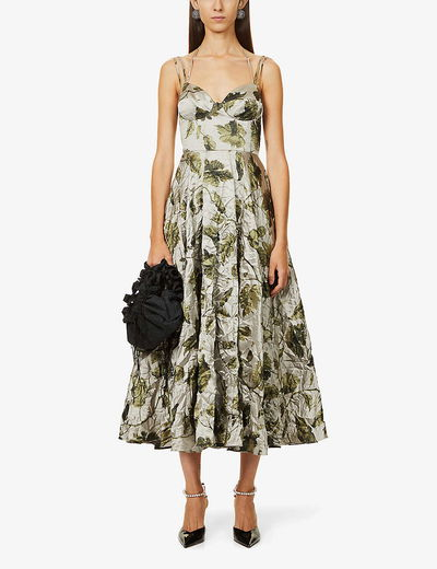 Erdem Satin Embroidered Zielona Sukienka w Kwiaty WL