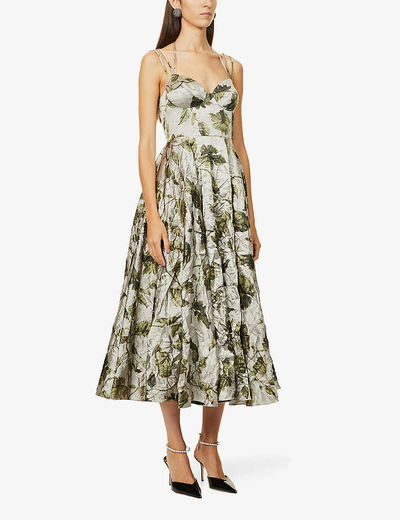 Erdem Satin Embroidered Zielona Sukienka w Kwiaty WL